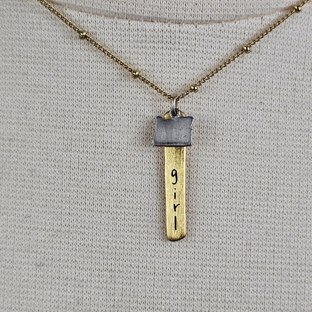 Mixed Metal Oregon Girl Pendant Necklace Gold Tone Satellite Chain 16"-18" CAI